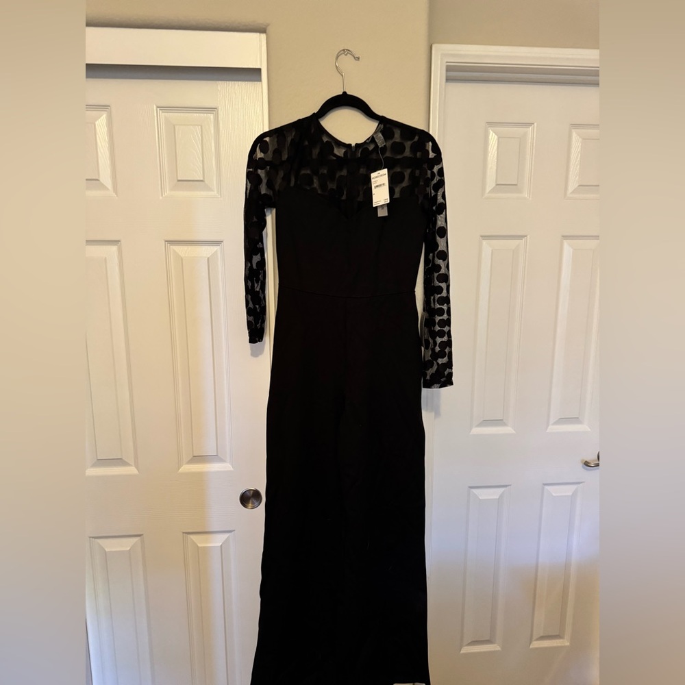 Nordstrom Elegant Black Dress with Sheer Polka Dot Sleeves